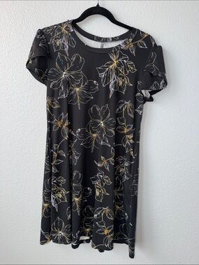 Amazon Black Floral Swing Dress with Gold & White Outline Print